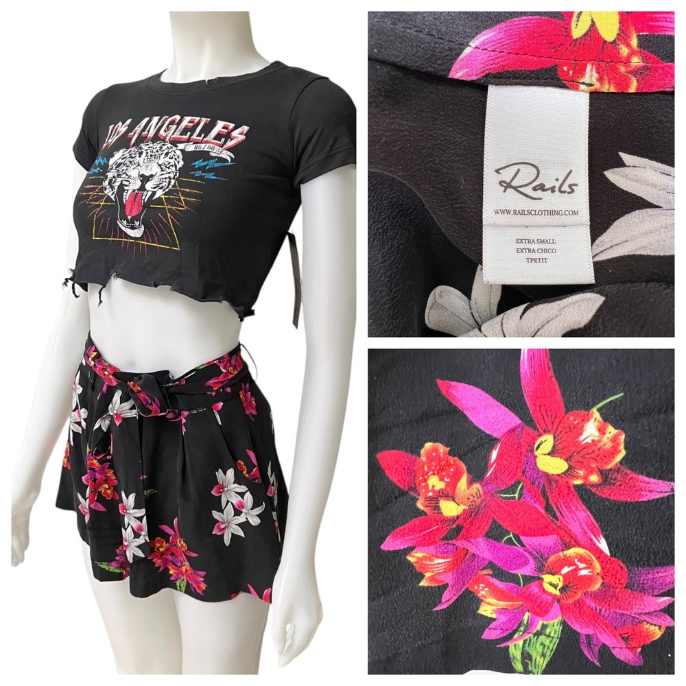 Rails Gigi Wild Orchid Silk Shorts Black Pink Floral High Waist Tie Belt XS